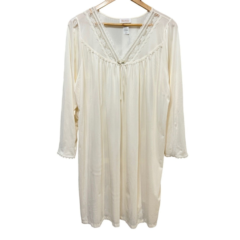 Vintage Barbizon Nightgown Women XL Cream Lace Trim V-Neck Long Sleeve Sleepwear